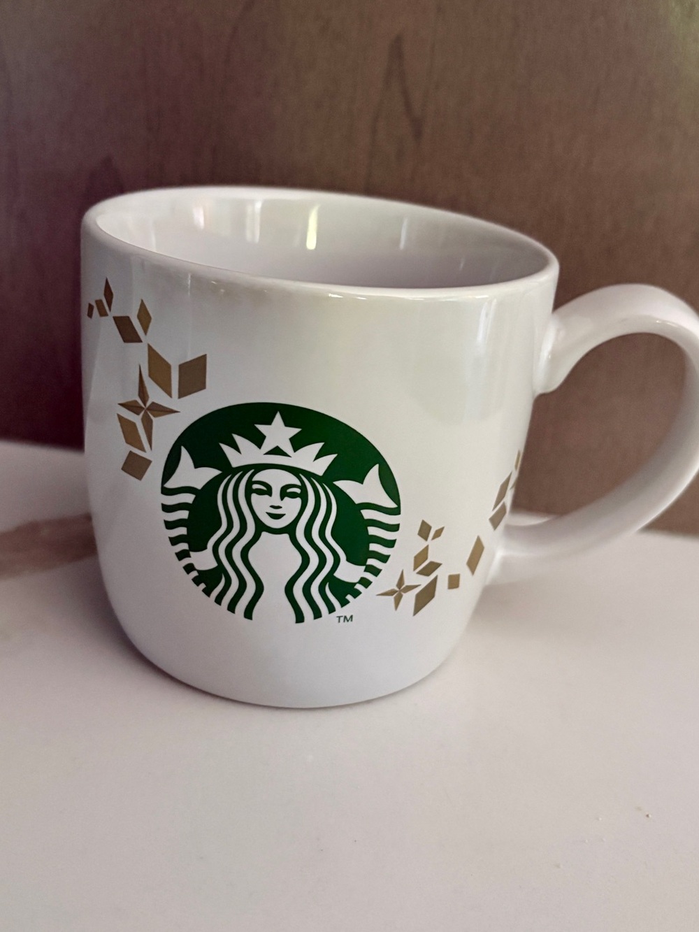 Starbucks Christmas Mug 2013 Holiday Collection White Gold Green Logo Ceramic